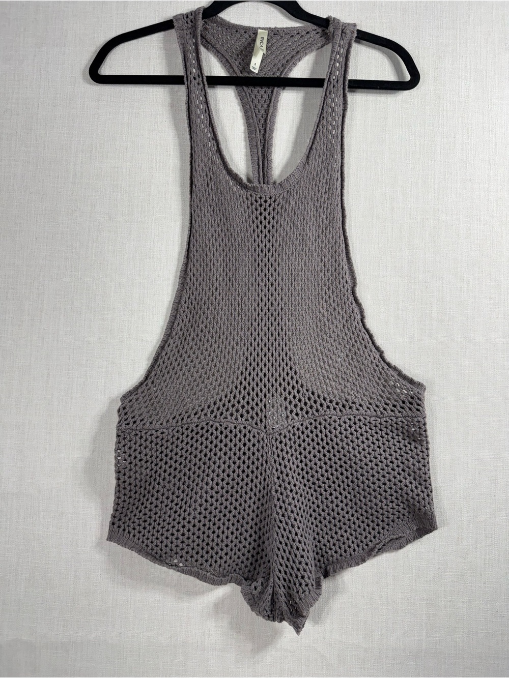RVCA Gray Open-Knit Racerback Romper Crochet Romper